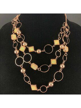 Kohls Metal Necklace Copper Tone Triple Strand Chain with Pearlescent Stones